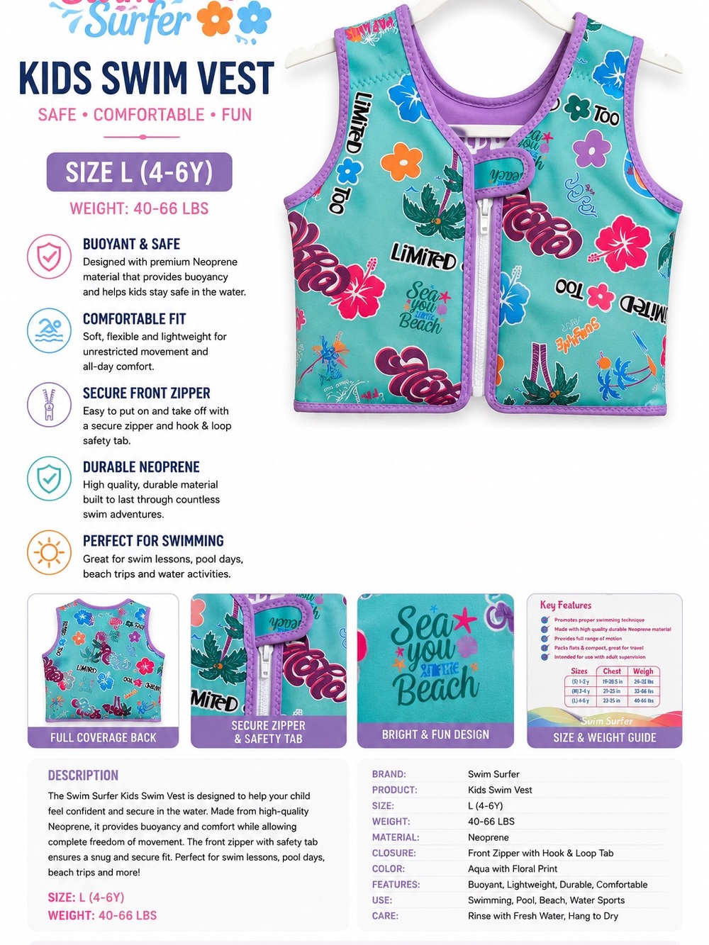 Justice Kids Swim Vest Teal Purple Pink Floral